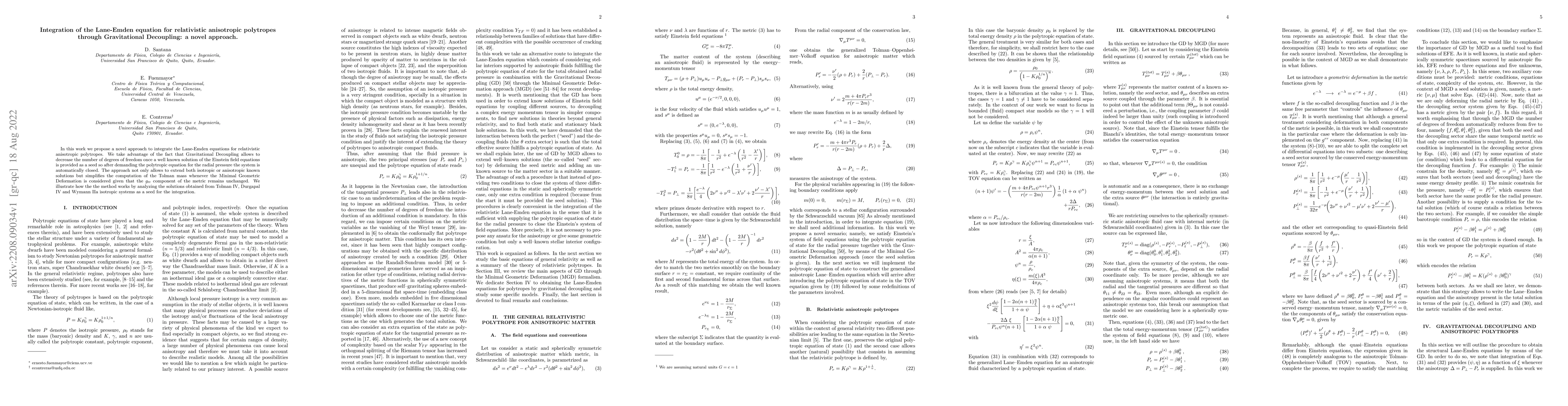 Thumbnail for Integration of the Lane-Emden equation for relativistic anisotropic
  polytropes through Gravitational Decoupling: a novel approach