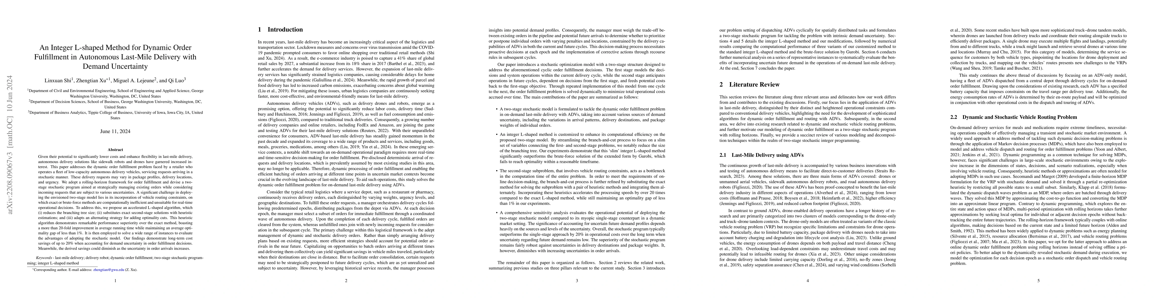 Thumbnail for An Integer L-shaped Method for Dynamic Order Fulfillment in Autonomous
  Last-Mile Delivery with Demand Uncertainty
