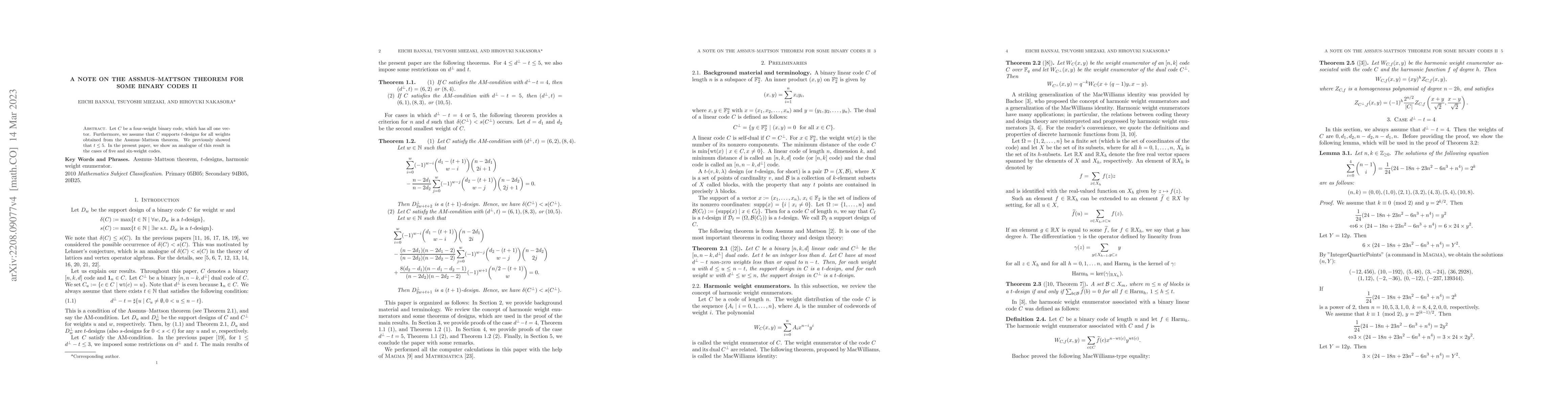 Thumbnail for A note on the Assmus--Mattson theorem for some binary codes II