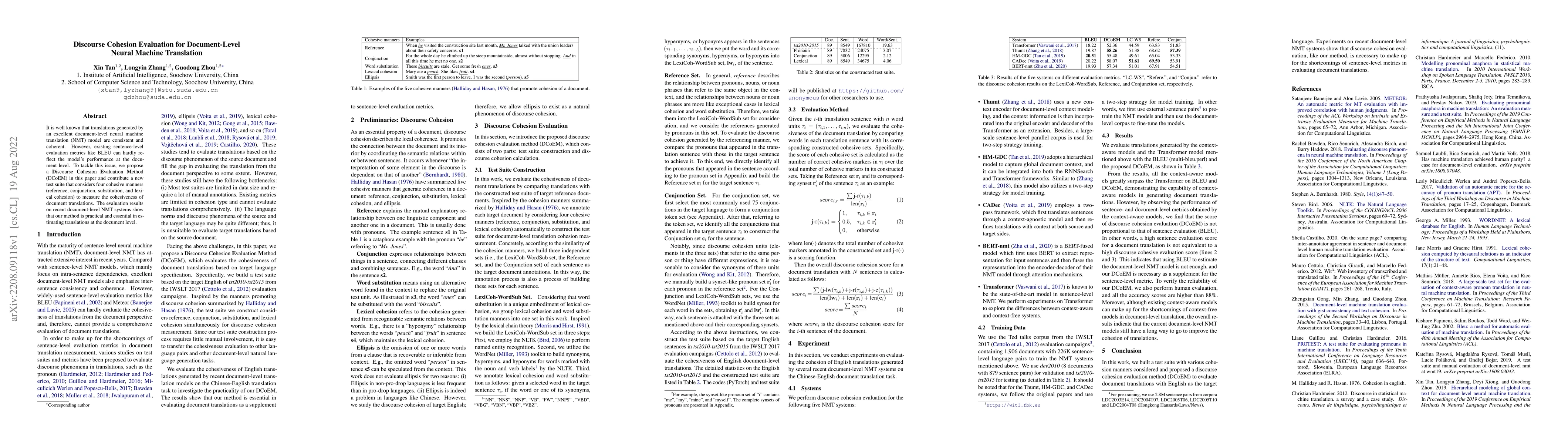 Thumbnail for Discourse Cohesion Evaluation for Document-Level Neural Machine
  Translation
