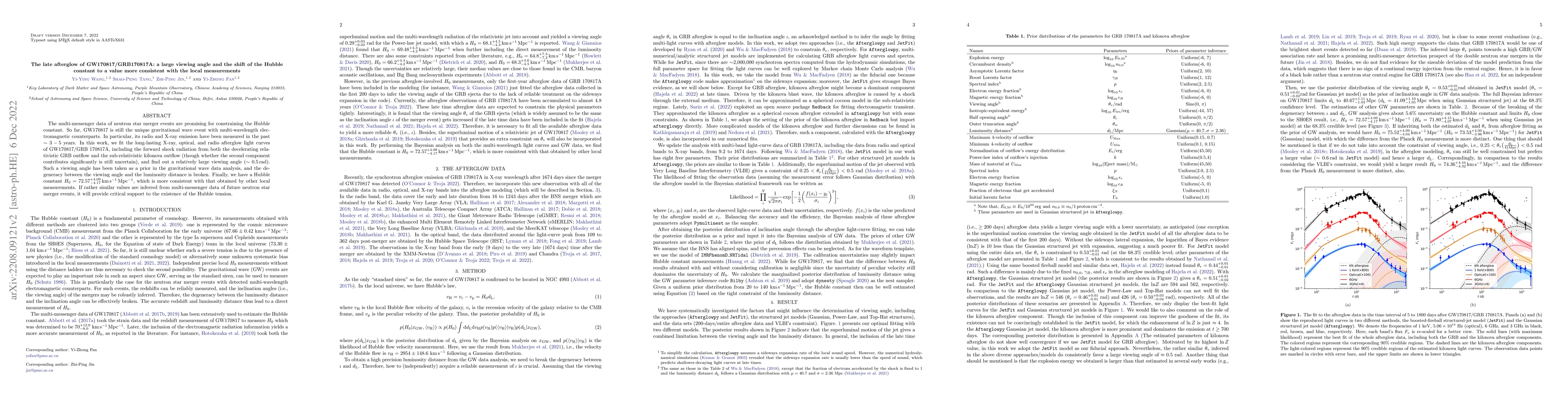 Thumbnail for The late afterglow of GW170817/GRB170817A: a large viewing angle and the
  shift of the Hubble constant to a value more consistent with the local
  measurements