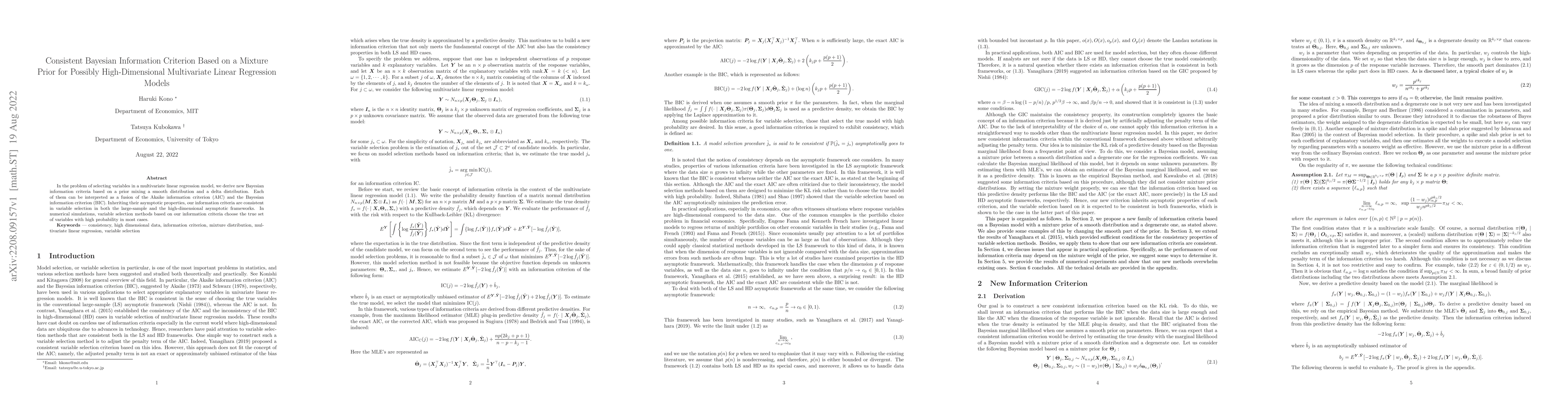 Thumbnail for Consistent Bayesian Information Criterion Based on a Mixture Prior for
  Possibly High-Dimensional Multivariate Linear Regression Models