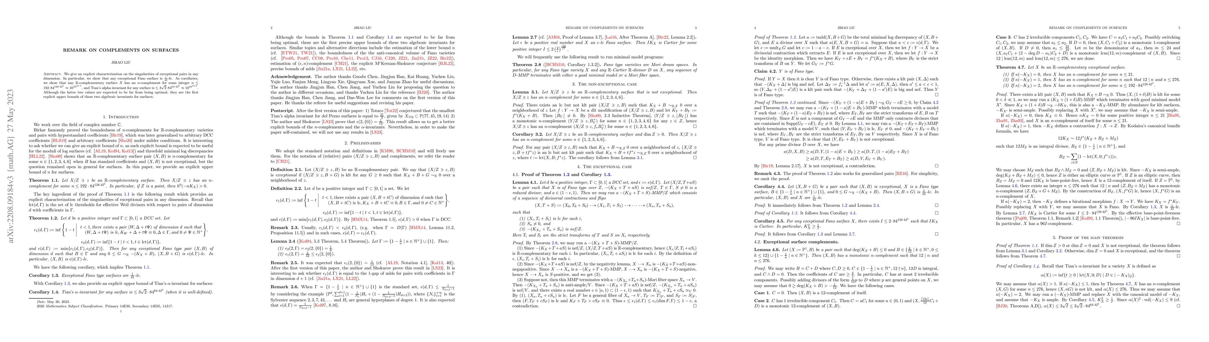 Thumbnail for Remark on complements on surfaces