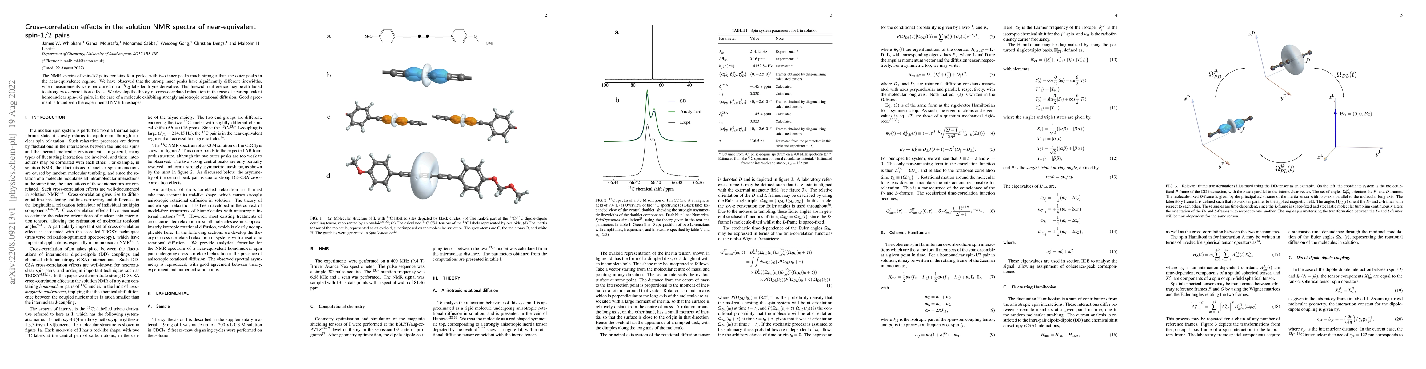 Thumbnail for Cross-correlation effects in the solution NMR spectra of near-equivalent
  spin-1/2 pairs