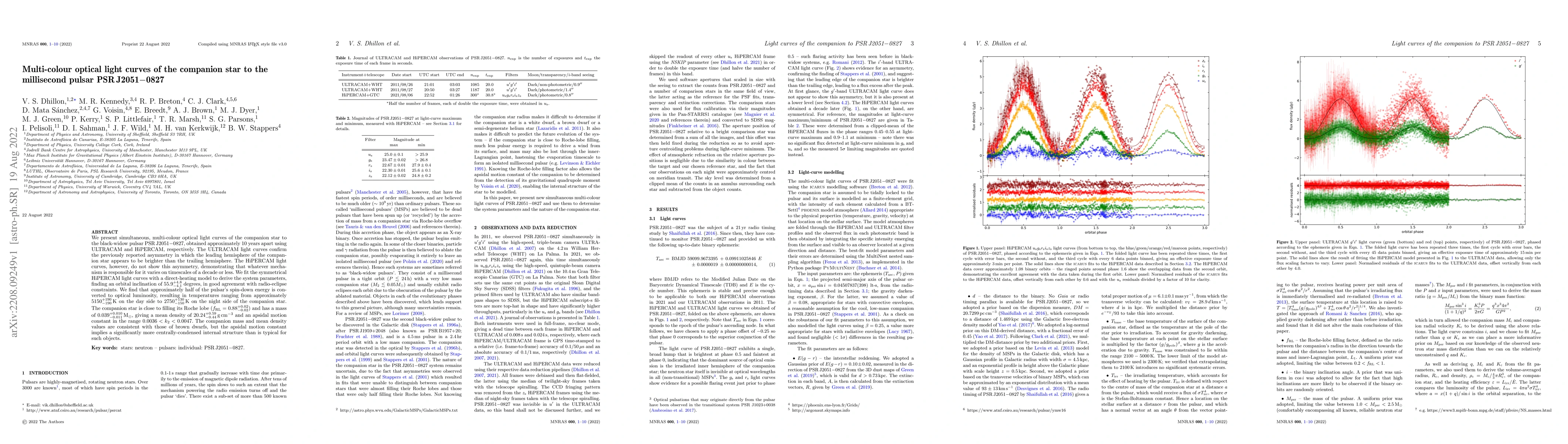 Thumbnail for Multi-colour optical light curves of the companion star to the
  millisecond pulsar PSR J2051-0827