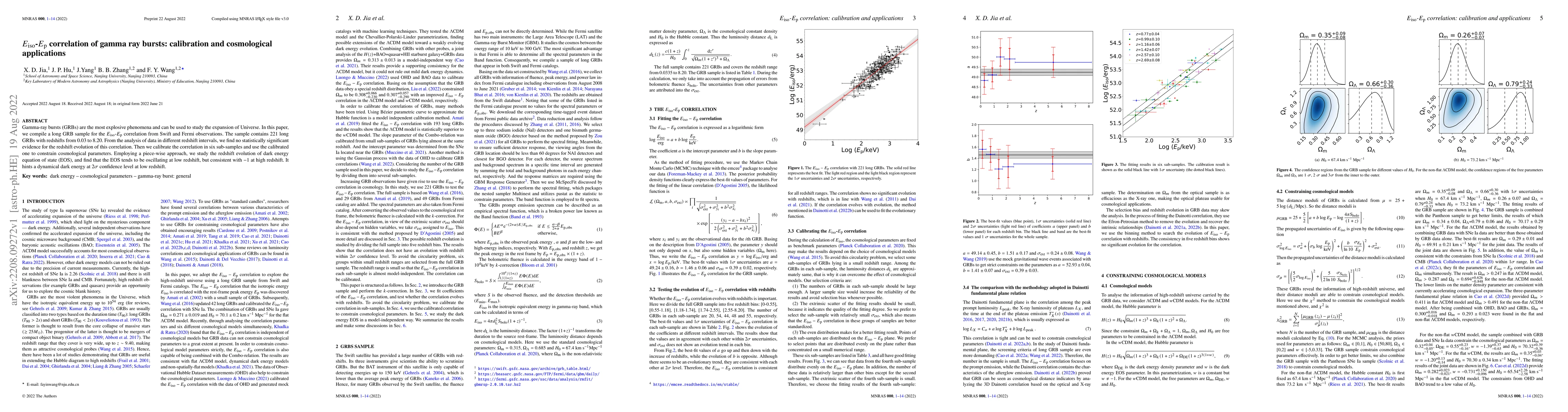 Thumbnail for $E_{\mathrm{iso}}$-$E_{\mathrm{p}}$ correlation of gamma ray bursts:
  calibration and cosmological applications
