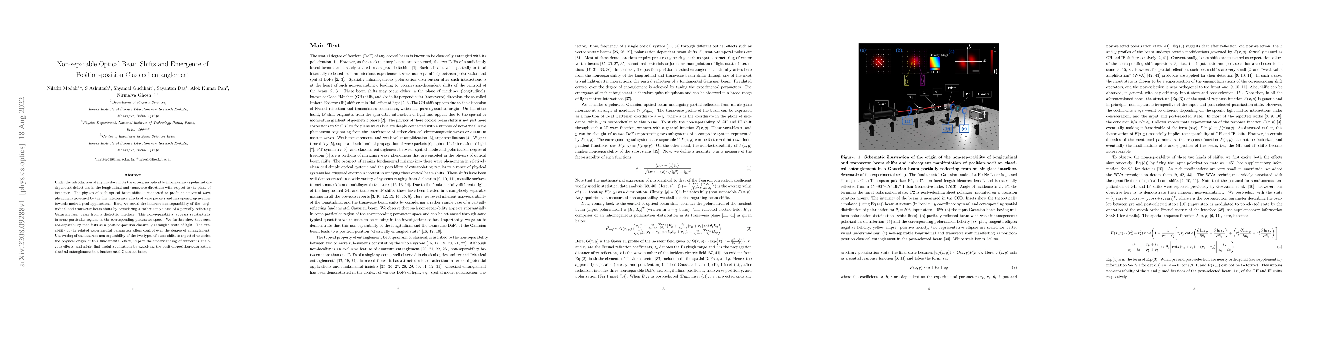 Thumbnail for Non-separable Optical Beam Shifts and Emergence of Position-position
  Classical entanglement
