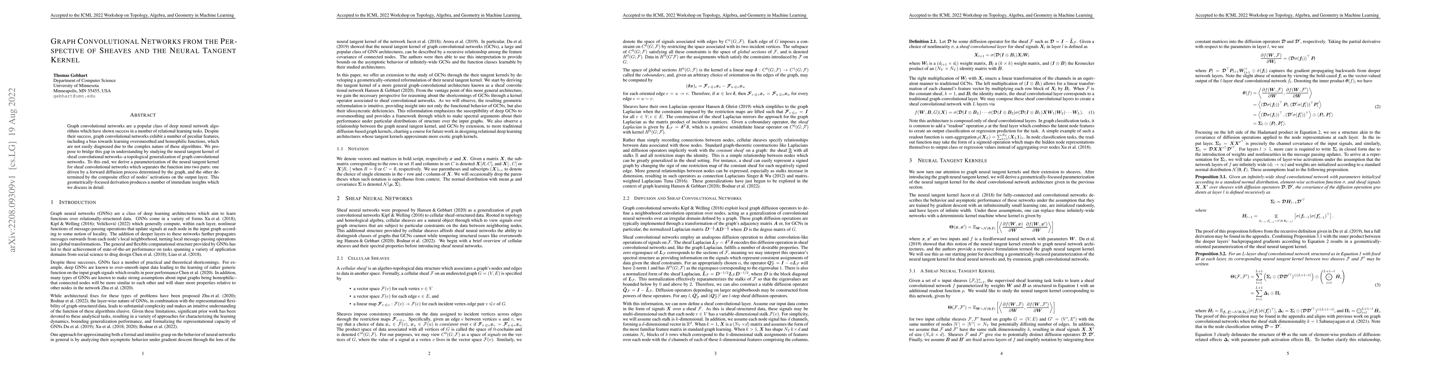 Thumbnail for Graph Convolutional Networks from the Perspective of Sheaves and the
  Neural Tangent Kernel