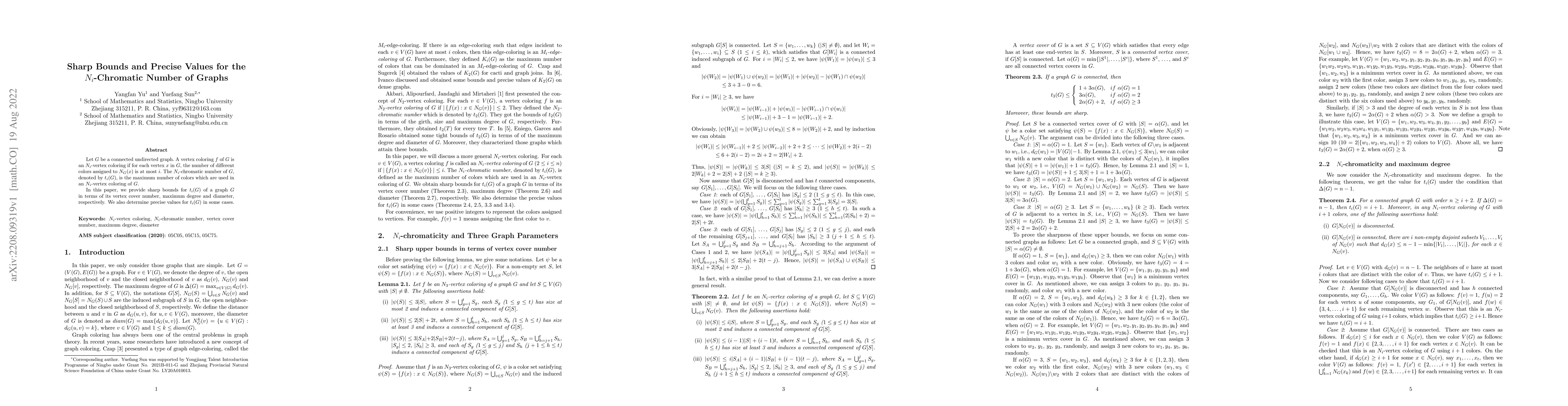 Thumbnail for Sharp Bounds and Precise Values for the $N_i$-Chromatic Number of Graphs
