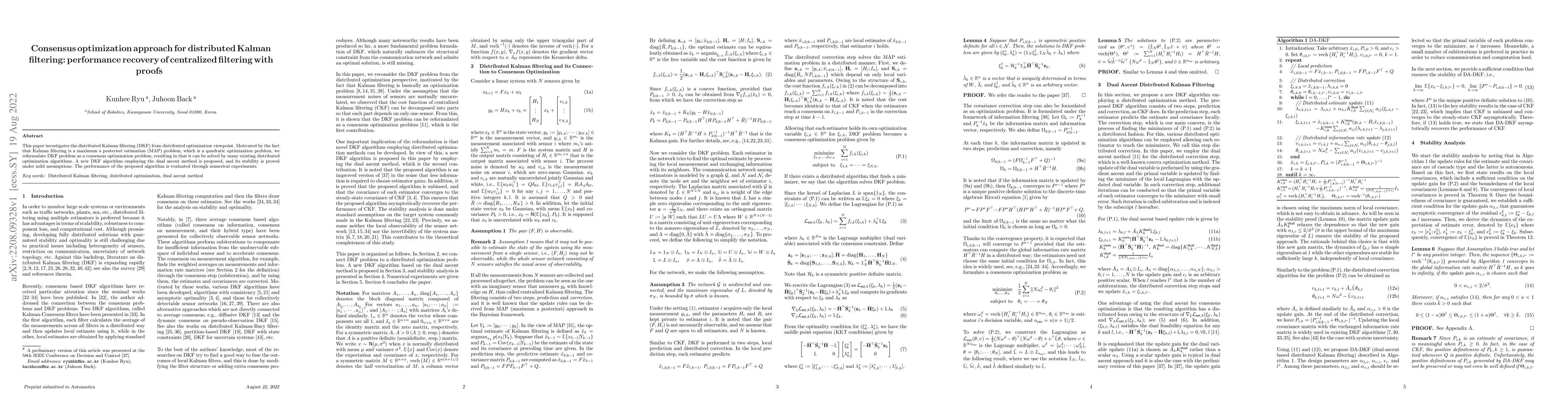 Thumbnail for Consensus optimization approach for distributed Kalman filtering:
  performance recovery of centralized filtering with proofs