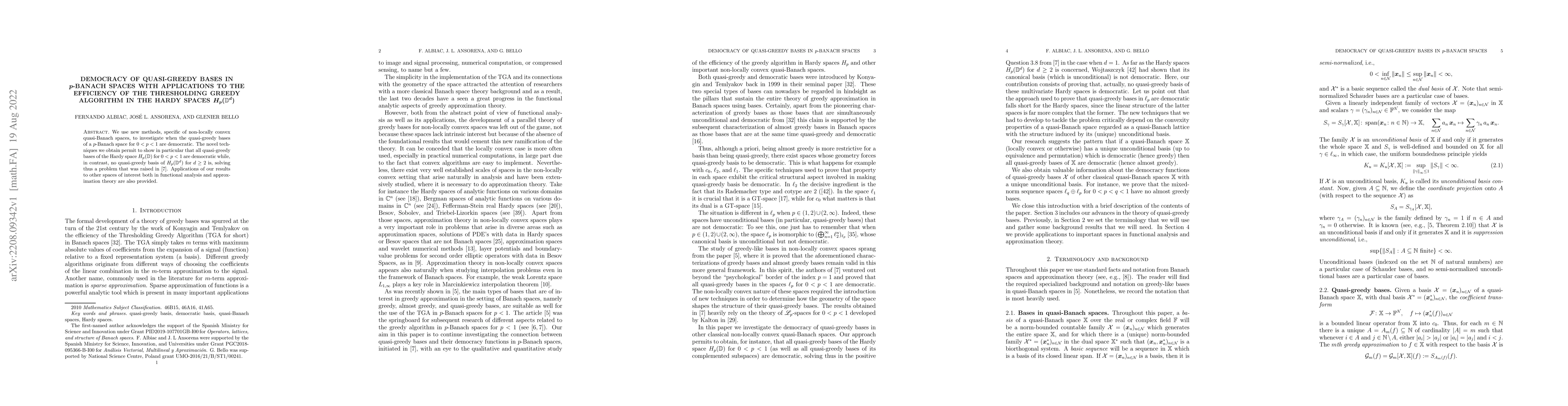 Thumbnail for Democracy of quasi-greedy bases in $p$-Banach spaces with applications
  to the efficiency of the TGA in the Hardy spaces $H_p(\mathbb{D}^d)$
