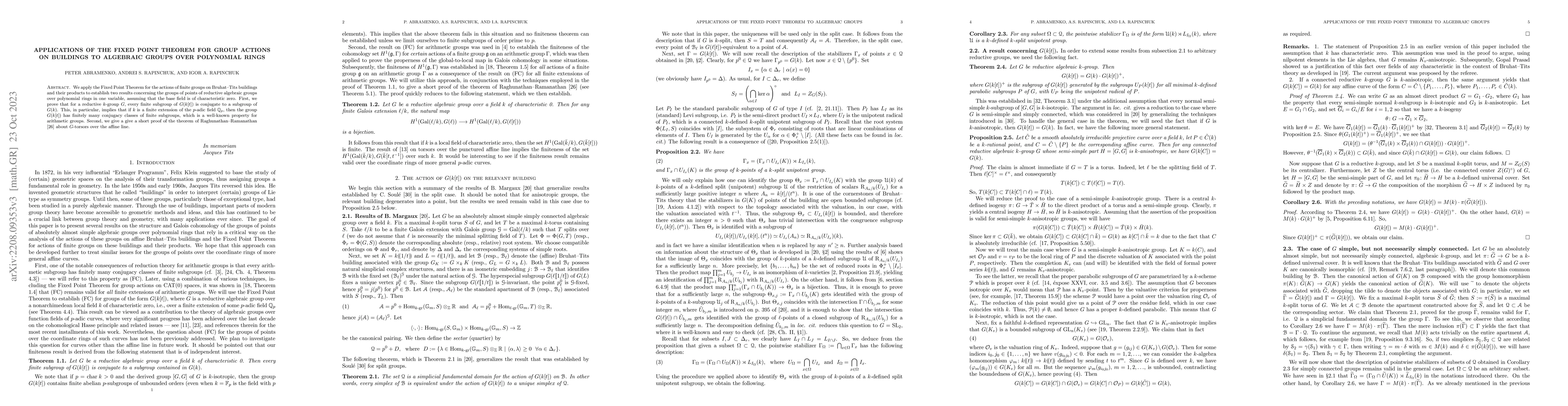 Thumbnail for Applications of the Fixed Point Theorem for group actions on buildings
  to algebraic groups over polynomial rings