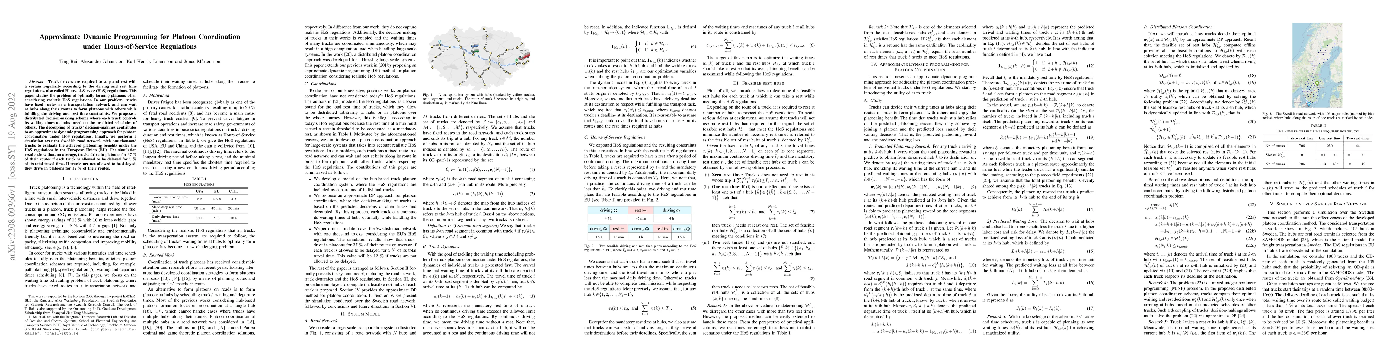 Thumbnail for Approximate Dynamic Programming for Platoon Coordination under
  Hours-of-Service Regulations