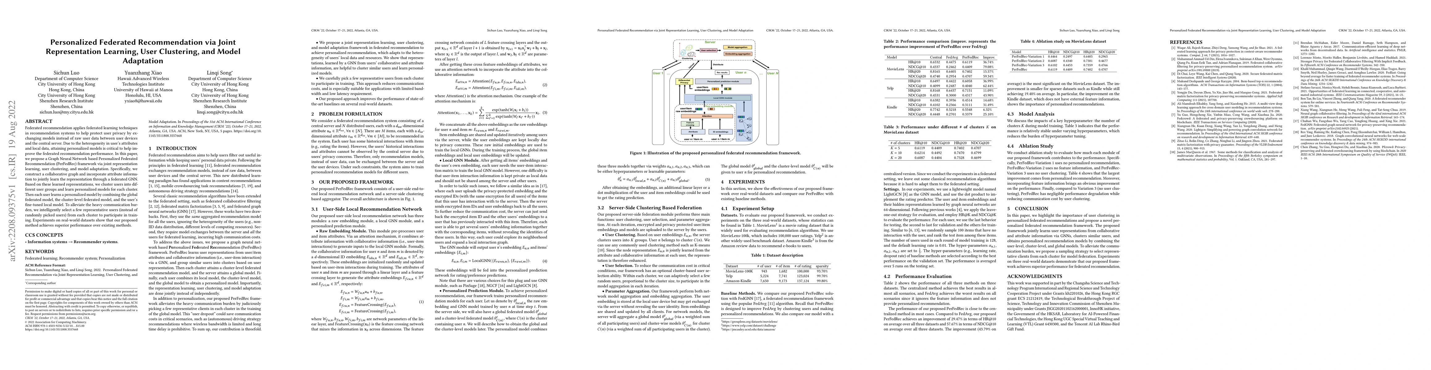 Thumbnail for Personalized Federated Recommendation via Joint Representation Learning,
  User Clustering, and Model Adaptation