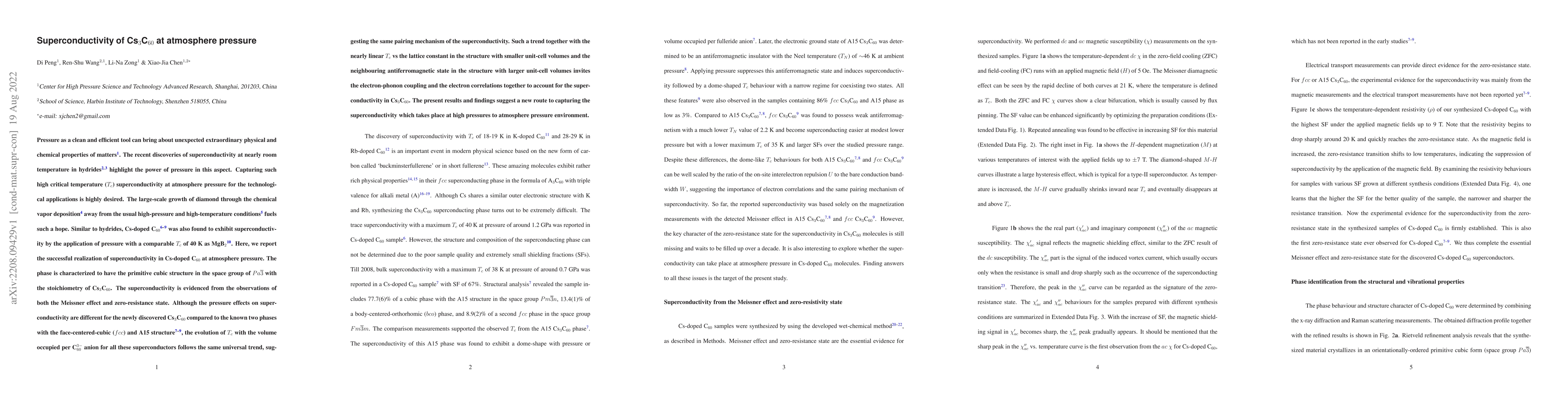 Thumbnail for Superconductivity of Cs$_3$C$_{60}$ at atmosphere pressure
