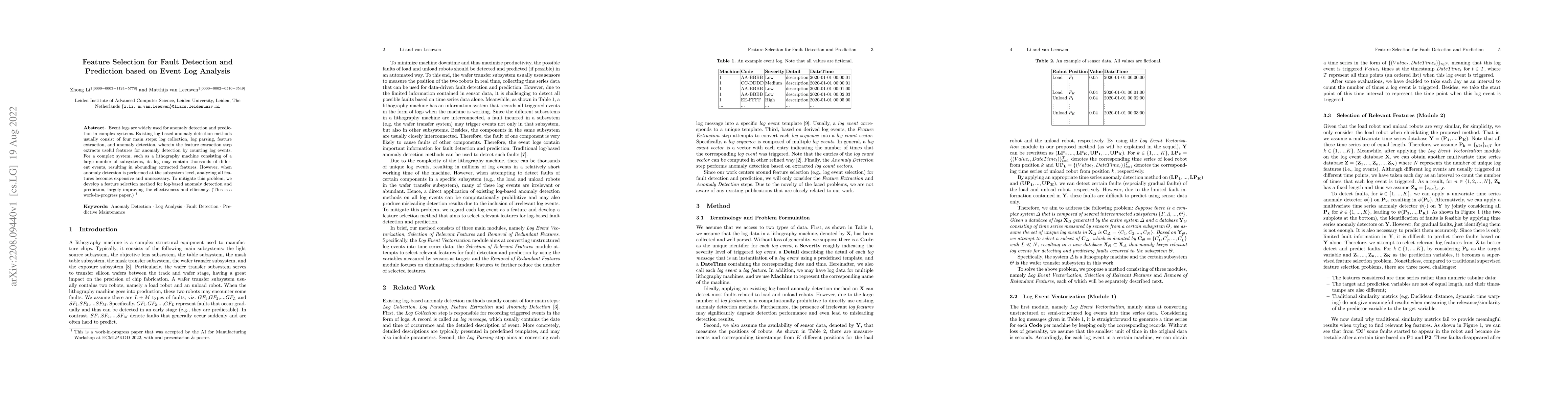 Thumbnail for Feature Selection for Fault Detection and Prediction based on Event Log
  Analysis