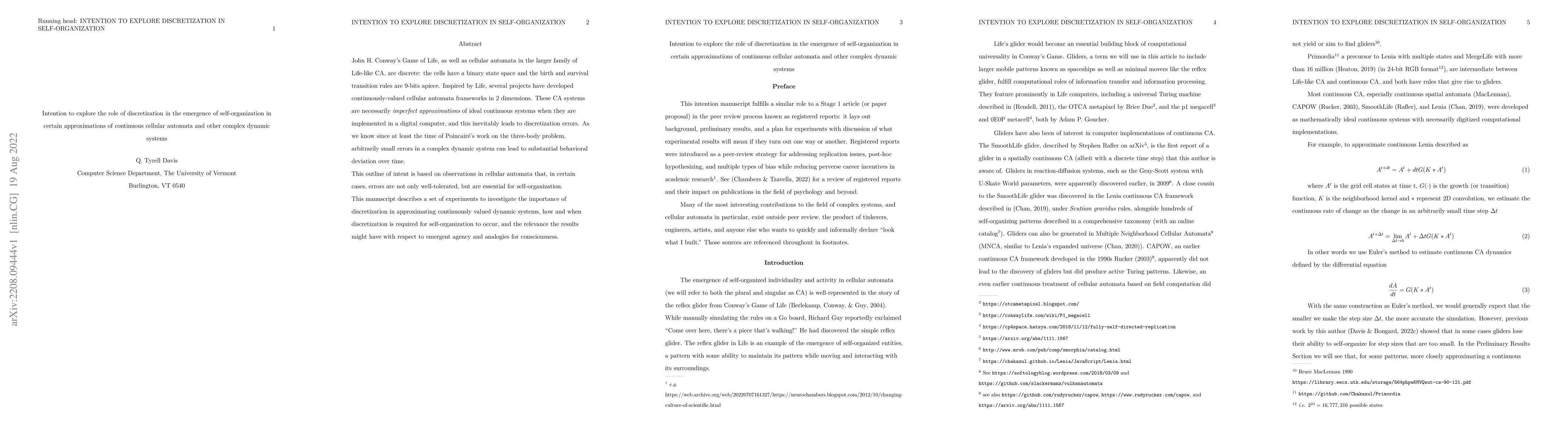 Thumbnail for Intention to explore the role of discretization in the emergence of
  self-organization in certain approximations of continuous cellular automata
  and other complex dynamic systems