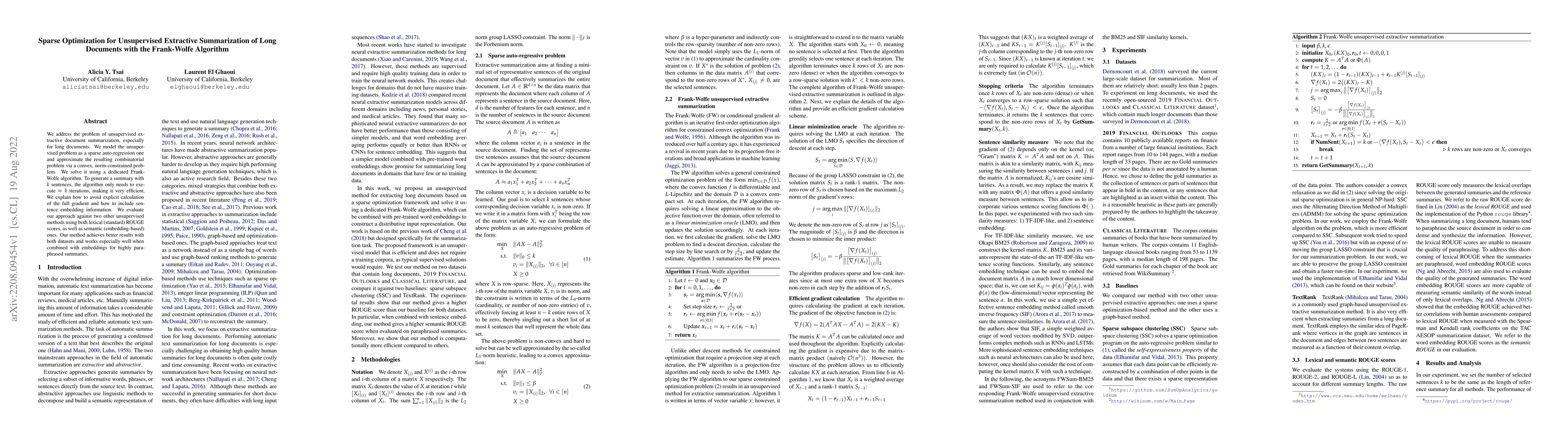 Thumbnail for Sparse Optimization for Unsupervised Extractive Summarization of Long
  Documents with the Frank-Wolfe Algorithm