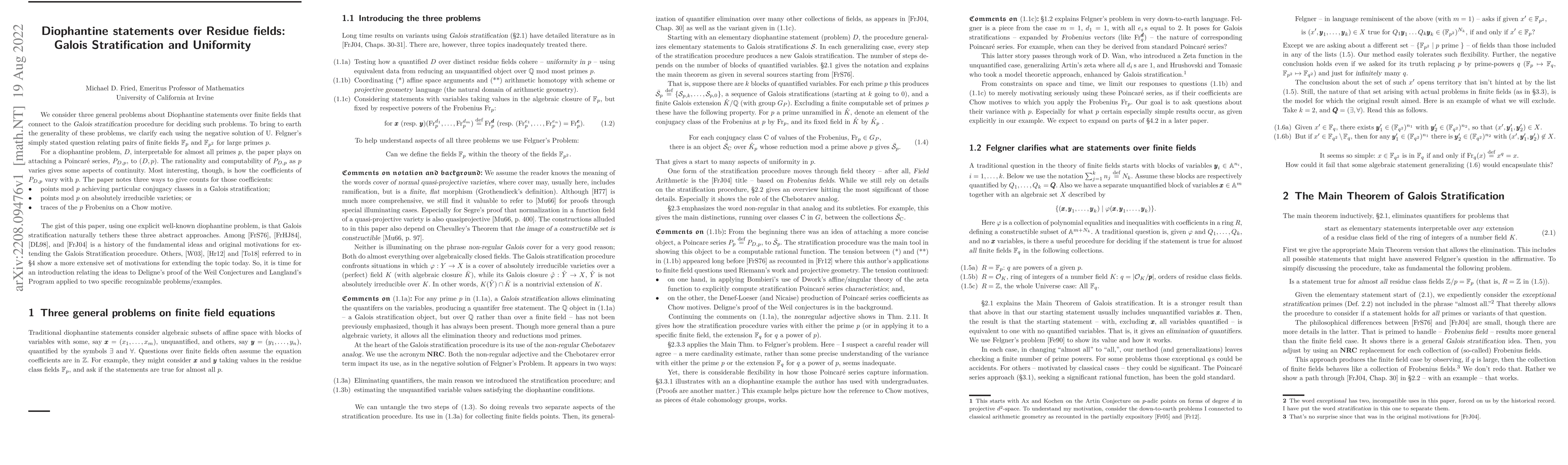 Thumbnail for Diophantine statements over Residue fields: Galois stratification and
  uniformity