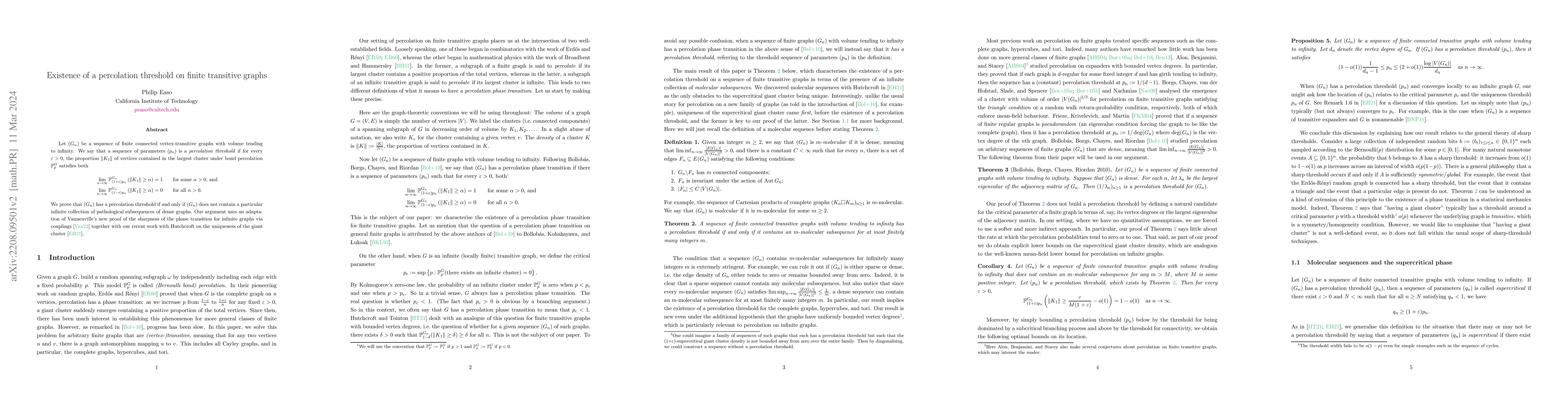 Thumbnail for Existence of a percolation threshold on finite transitive graphs