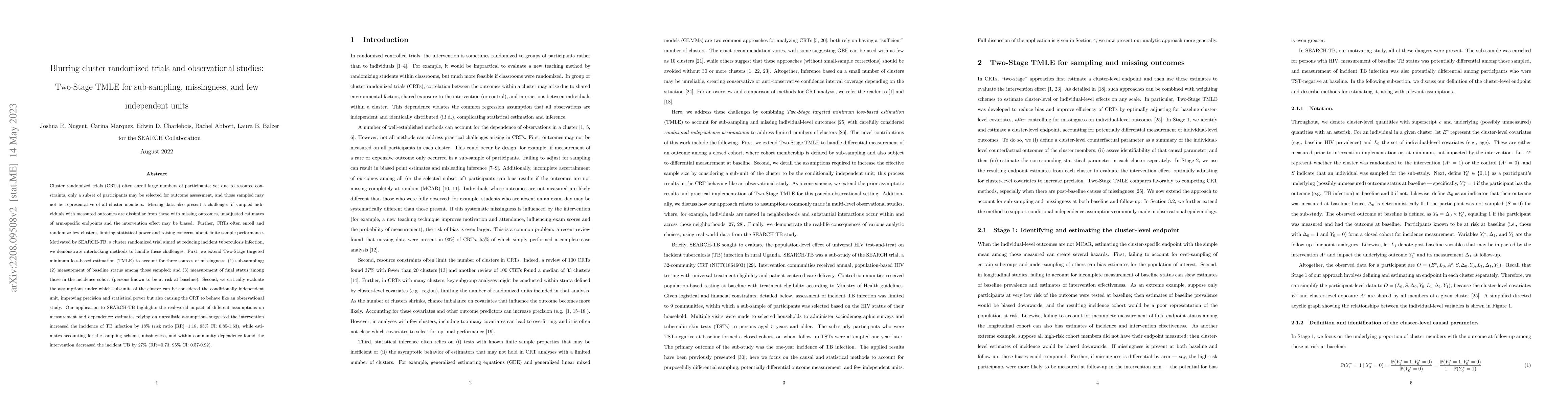 Thumbnail for Blurring cluster randomized trials and observational studies using
  Two-Stage TMLE to address sub-sampling, missingness, and minimal independent
  units