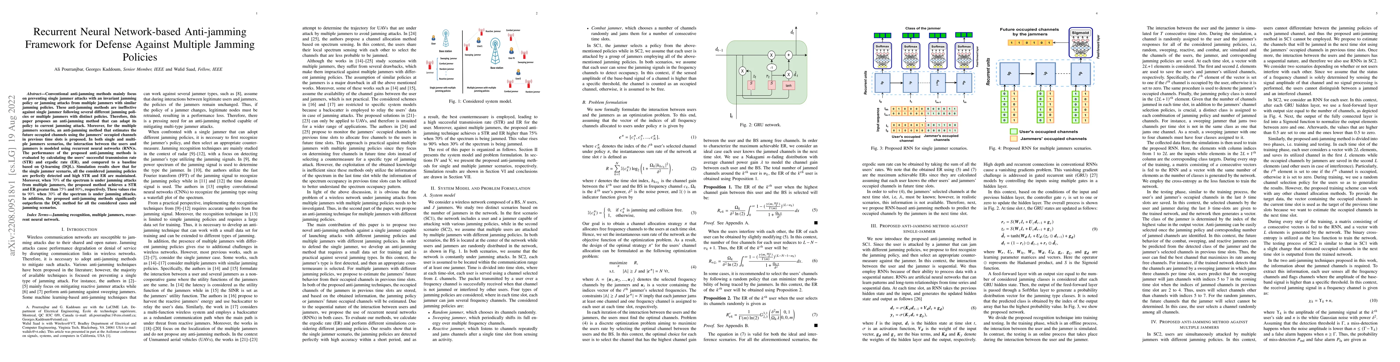 Thumbnail for Recurrent Neural Network-based Anti-jamming Framework for Defense
  Against Multiple Jamming Policies