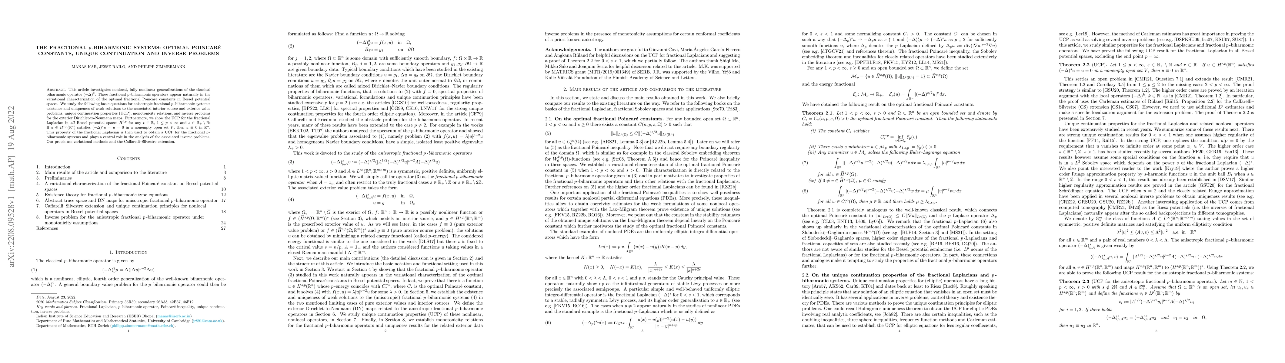Thumbnail for The fractional $p\,$-biharmonic systems: optimal Poincar\'e constants,
  unique continuation and inverse problems