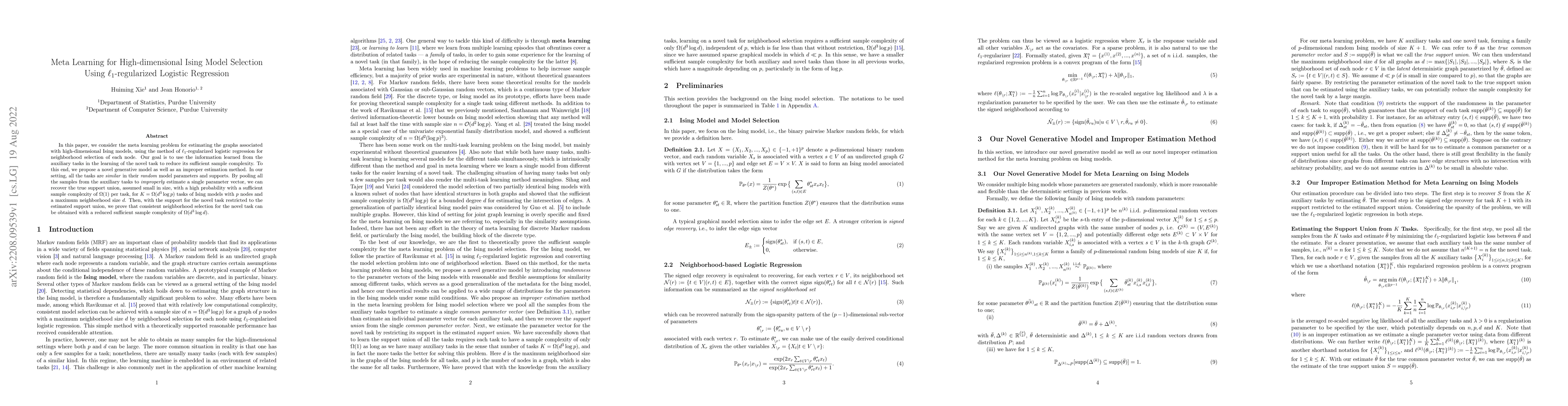 Thumbnail for Meta Learning for High-dimensional Ising Model Selection Using
  $\ell_1$-regularized Logistic Regression