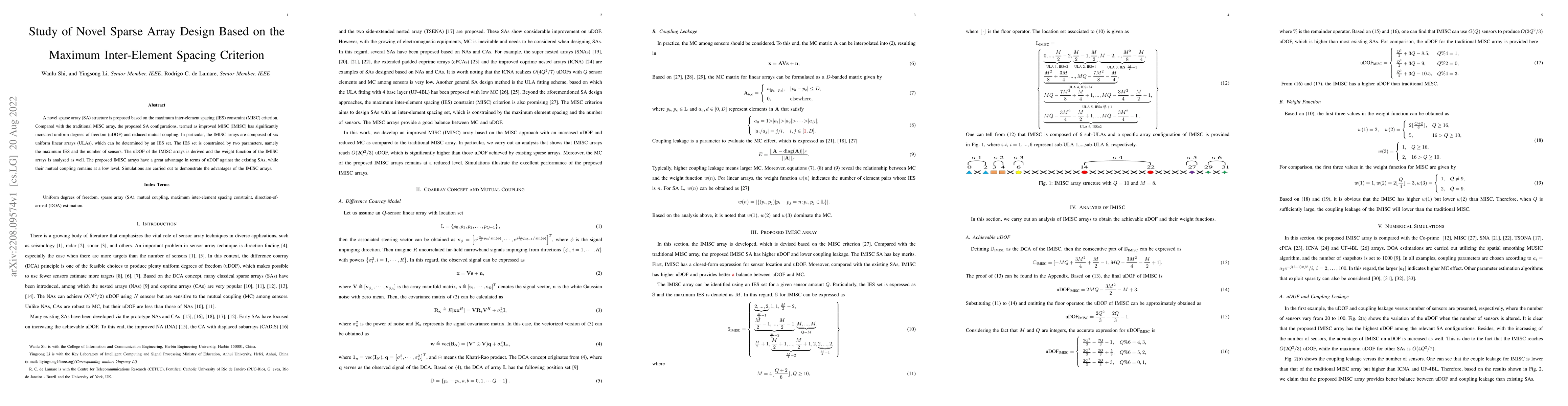 Thumbnail for Study of Novel Sparse Array Design Based on the Maximum Inter-Element
  Spacing Criterion