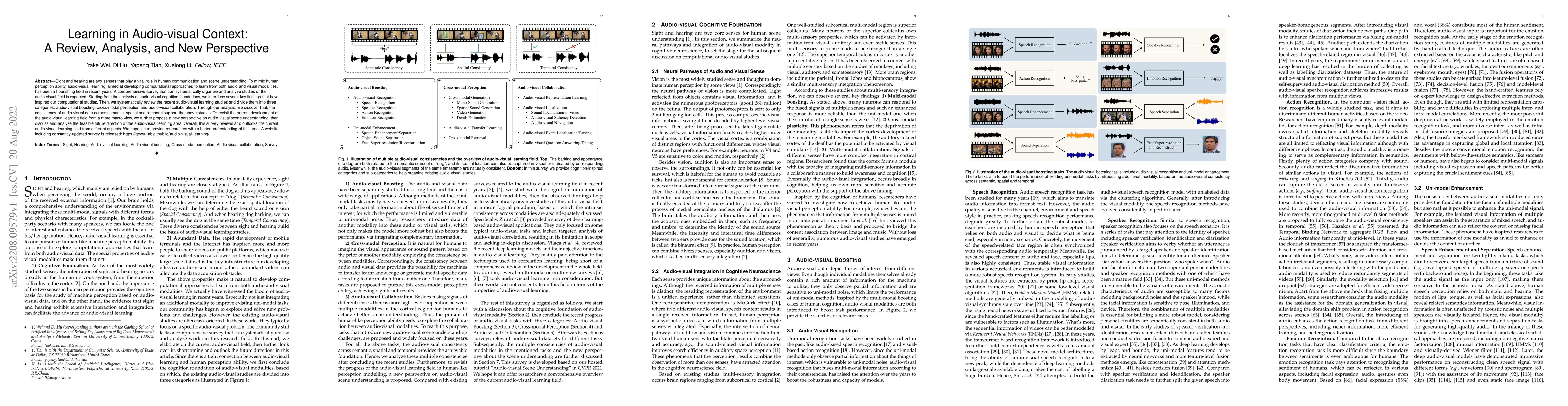 Thumbnail for Learning in Audio-visual Context: A Review, Analysis, and New
  Perspective