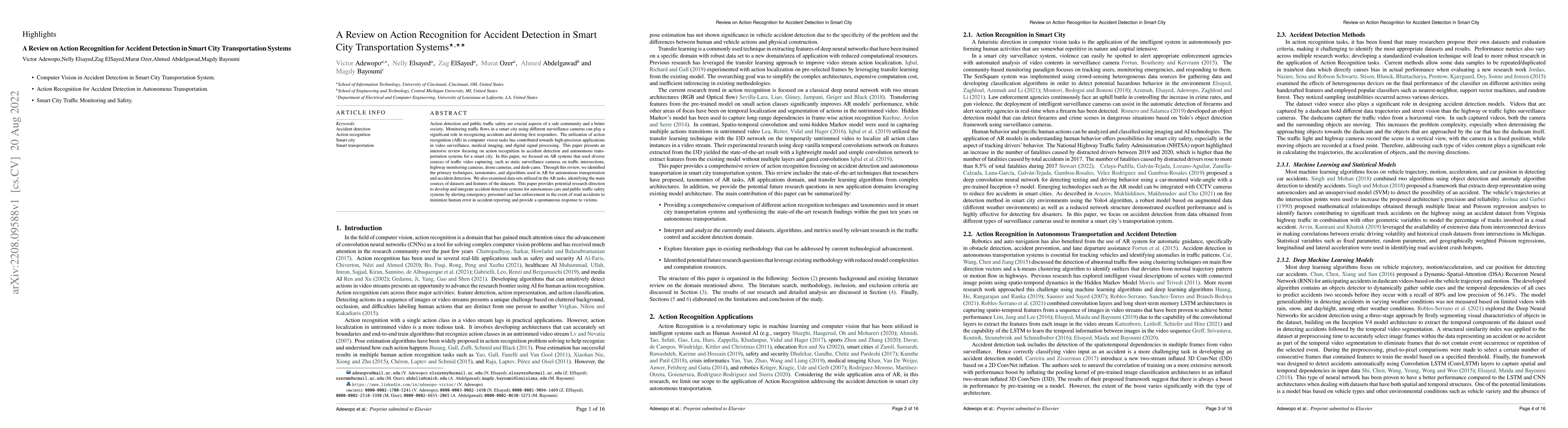 Thumbnail for Review on Action Recognition for Accident Detection in Smart City
  Transportation Systems