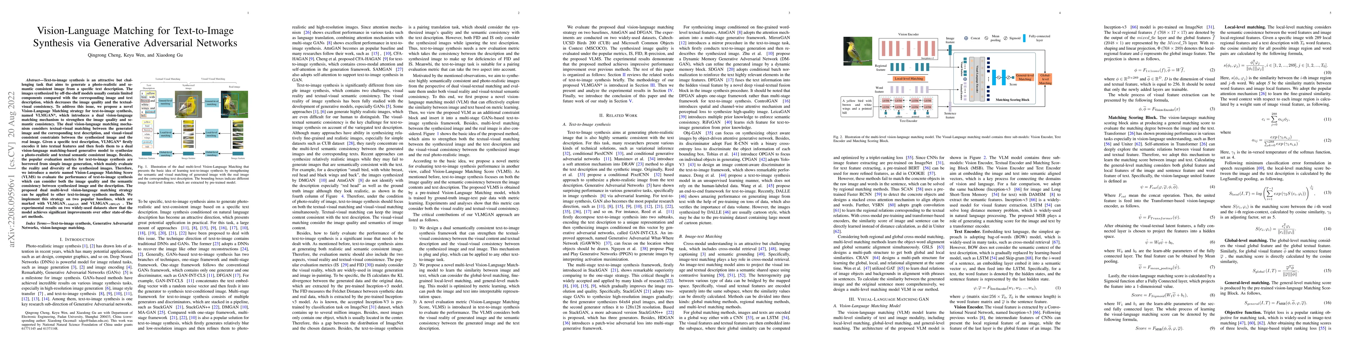 Thumbnail for Vision-Language Matching for Text-to-Image Synthesis via Generative
  Adversarial Networks