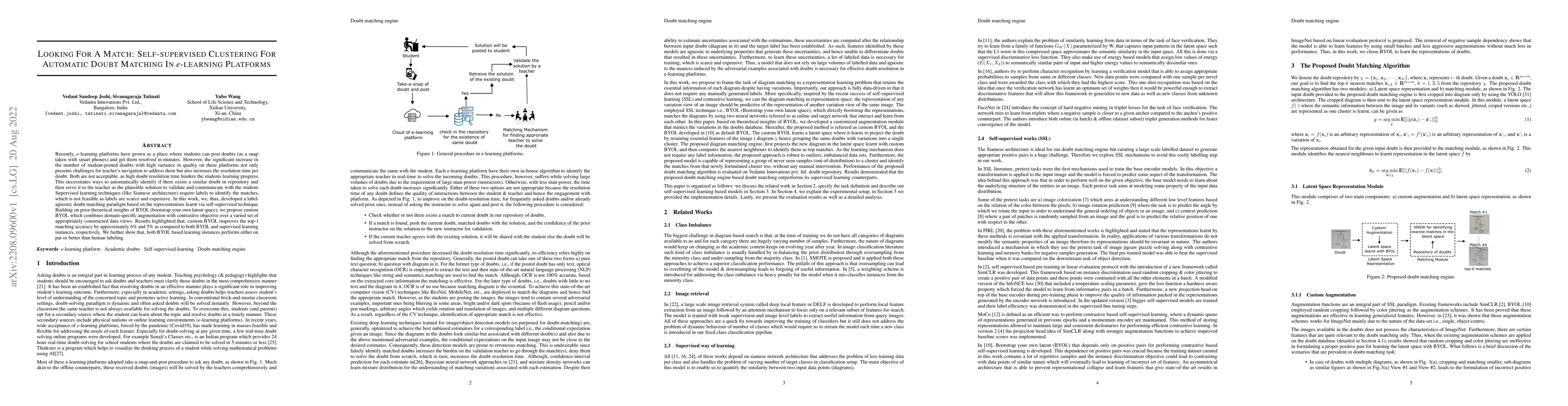 Thumbnail for Looking For A Match: Self-supervised Clustering For Automatic Doubt
  Matching In e-learning Platforms