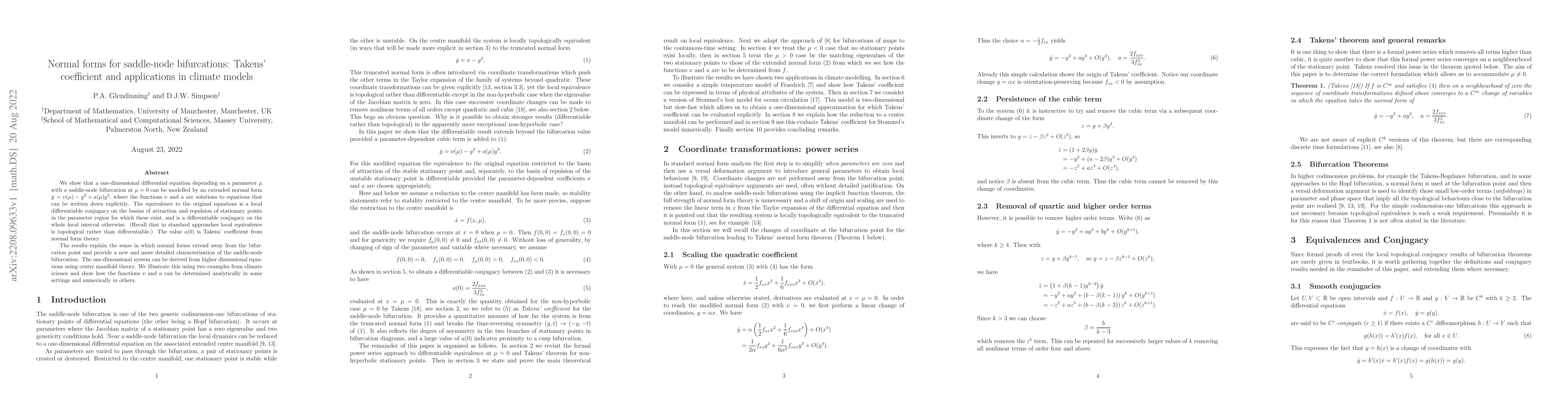 Thumbnail for Normal forms for saddle-node bifurcations: Takens' coefficient and
  applications in climate models