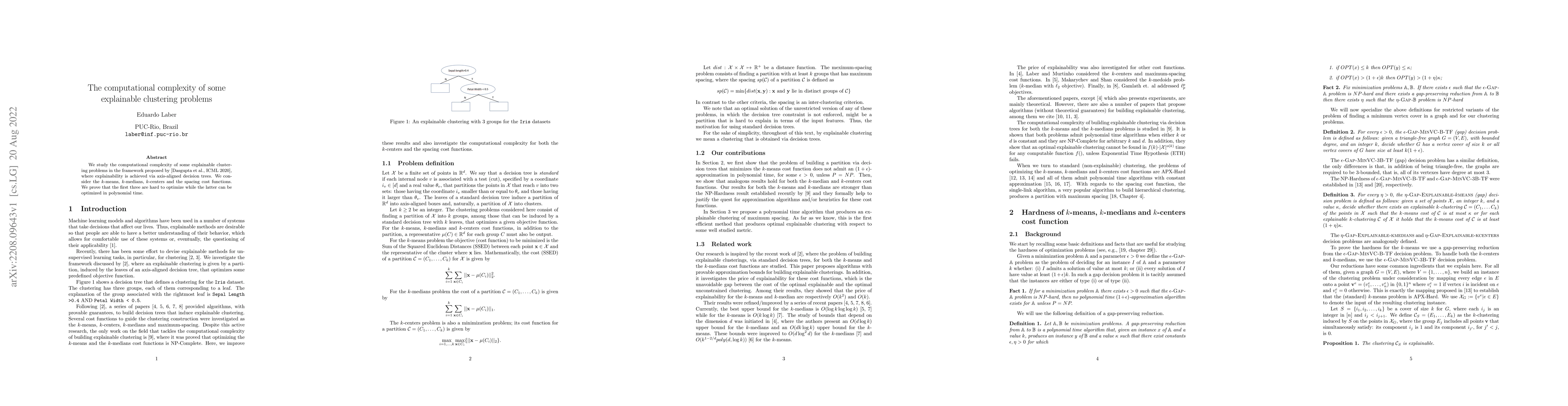 Thumbnail for The computational complexity of some explainable clustering problems