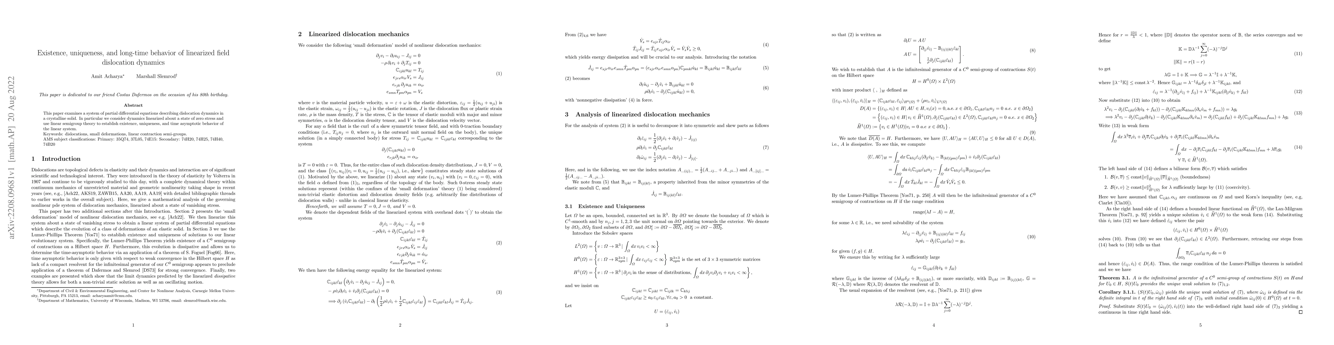 Thumbnail for Existence, uniqueness, and long-time behavior of linearized field
  dislocation dynamics