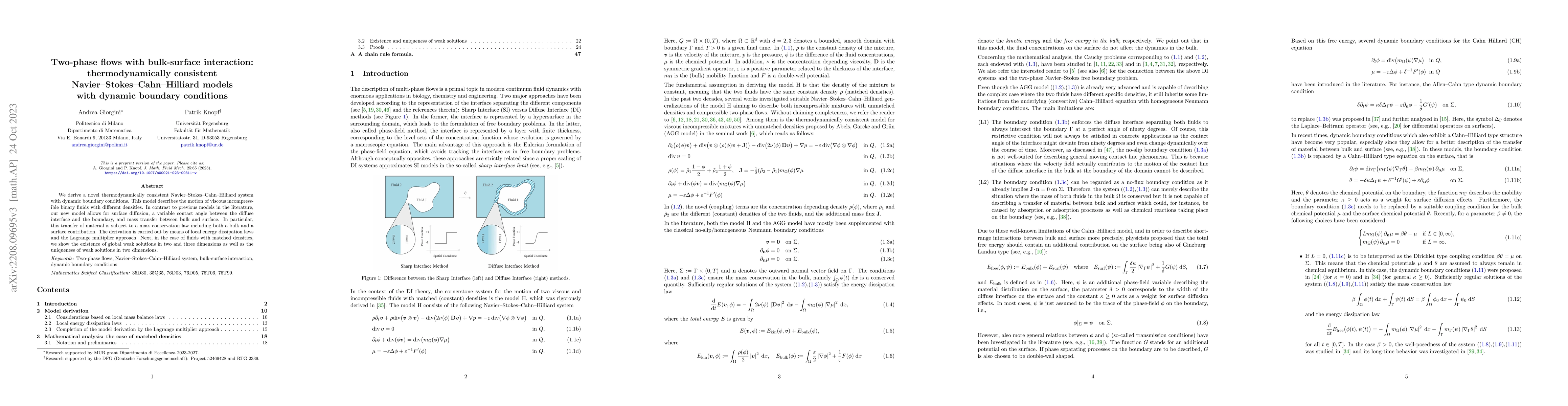 Thumbnail for Two-phase flows with bulk-surface interaction: thermodynamically
  consistent Navier-Stokes-Cahn-Hilliard models with dynamic boundary
  conditions