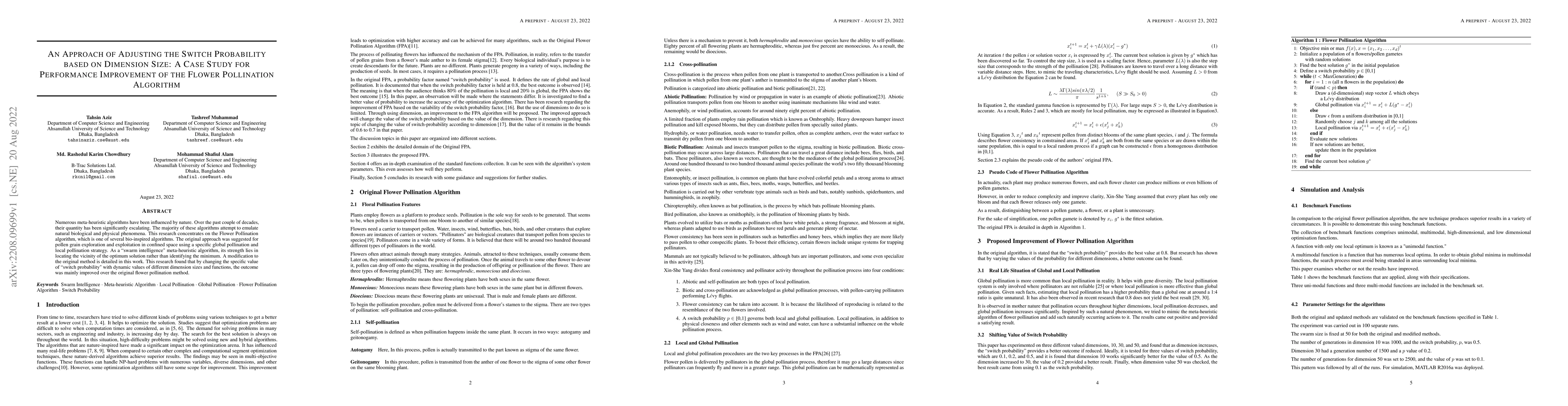 Thumbnail for An Approach of Adjusting the Switch Probability based on Dimension Size:
  A Case Study for Performance Improvement of the Flower Pollination Algorithm
