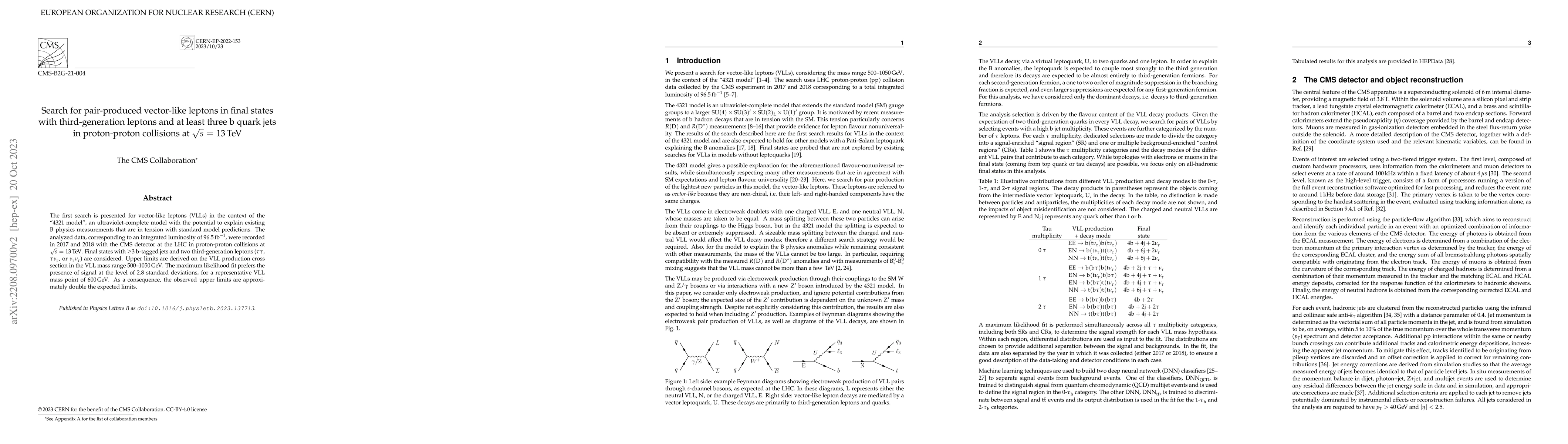 Thumbnail for Search for pair-produced vector-like leptons in final states with
  third-generation leptons and at least three b quark jets in proton-proton
  collisions at $\sqrt{s}$ = 13 TeV