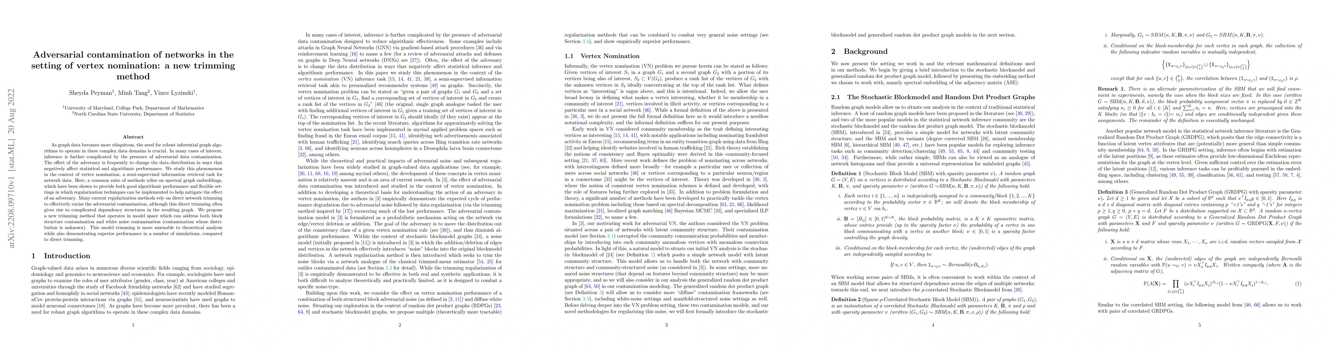Thumbnail for Adversarial contamination of networks in the setting of vertex
  nomination: a new trimming method