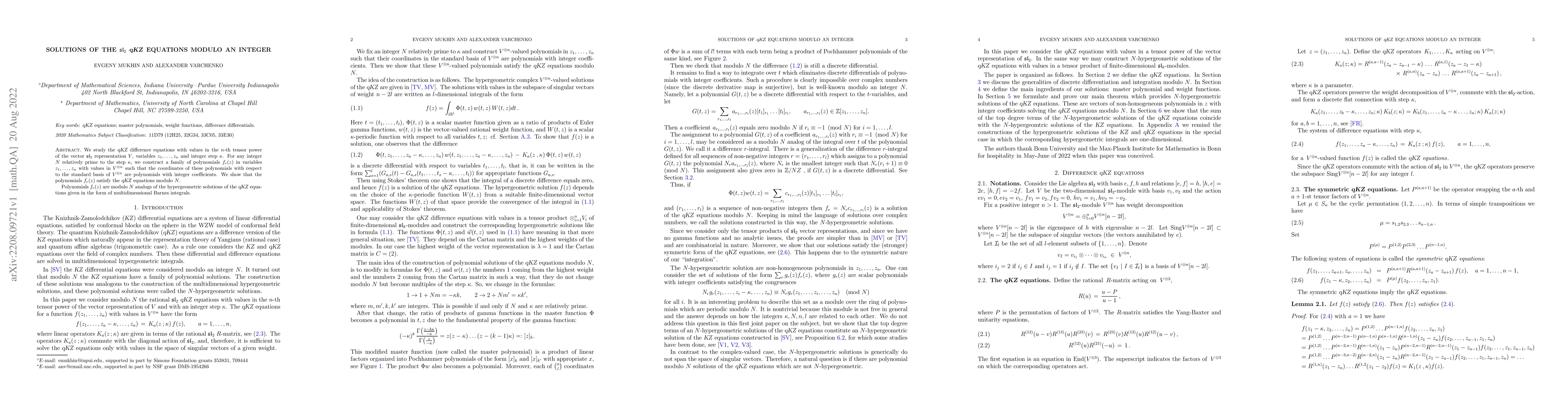 Thumbnail for Solutions of the $sl_2$ qKZ equations modulo an integer