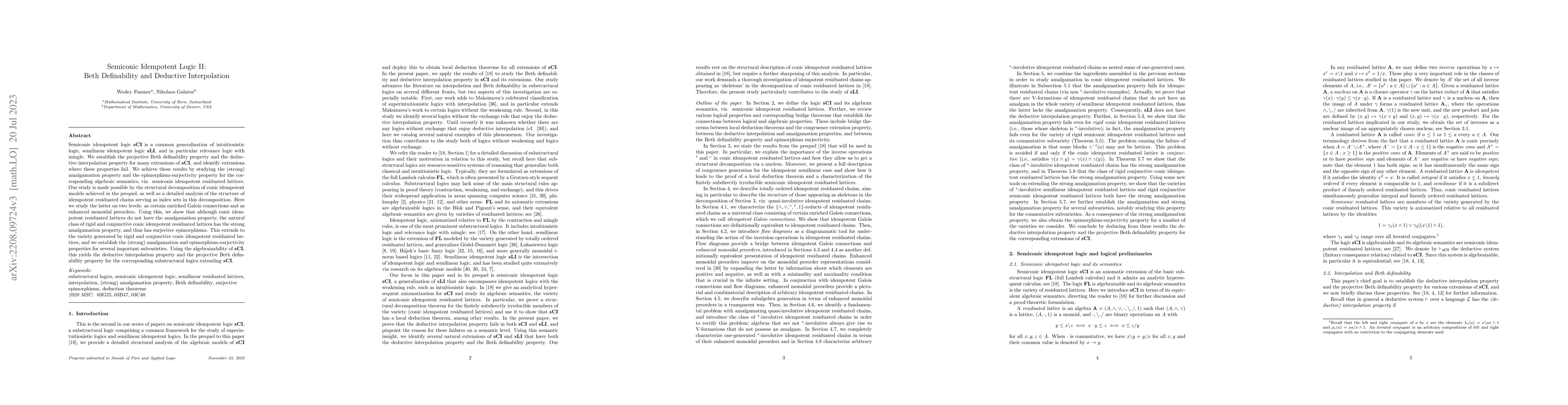 Thumbnail for Semiconic Idempotent Logic II: Beth Definability and Deductive
  Interpolation