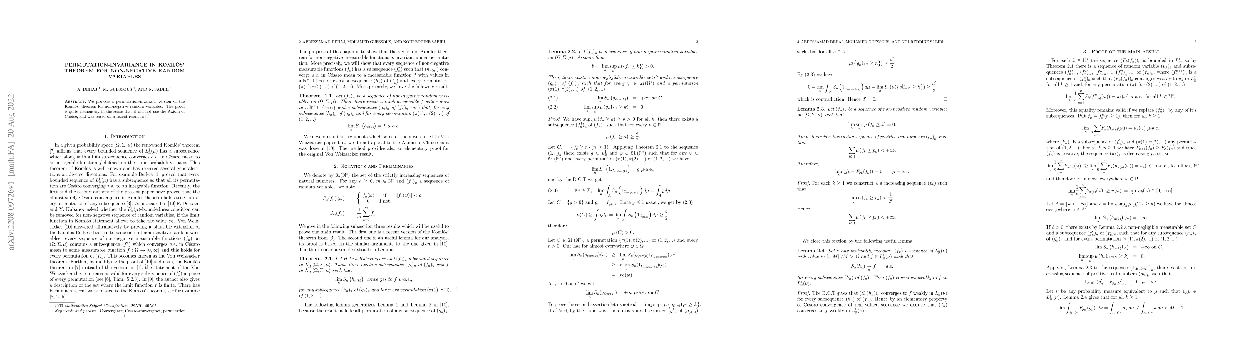 Thumbnail for Permutation-Invariance in Koml\'os' Theorem for Non-negative Random
  Variables