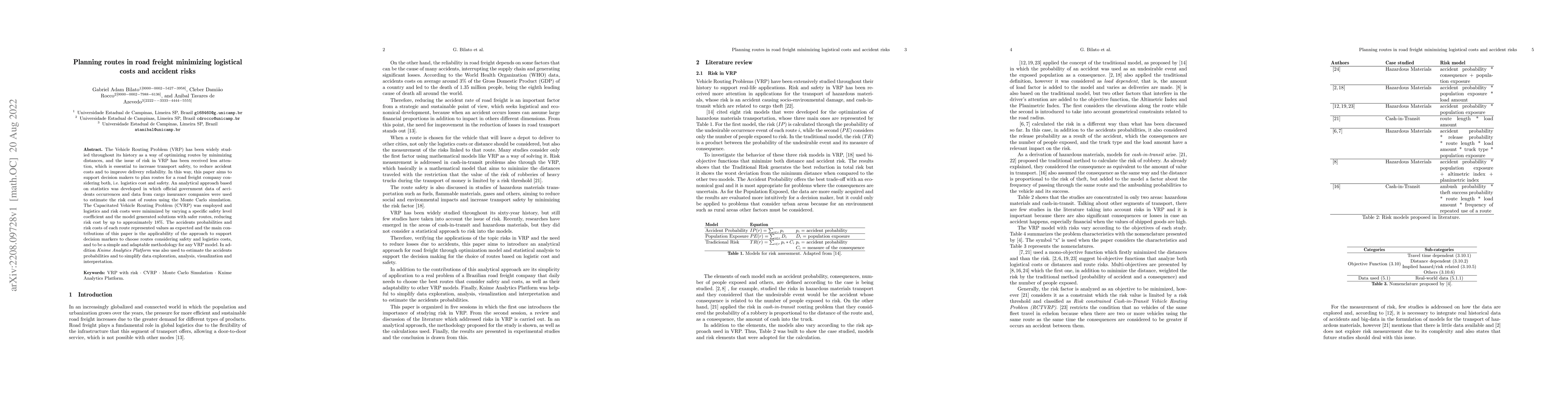 Thumbnail for Planning routes in road freight minimizing logistical costs and accident
  risks