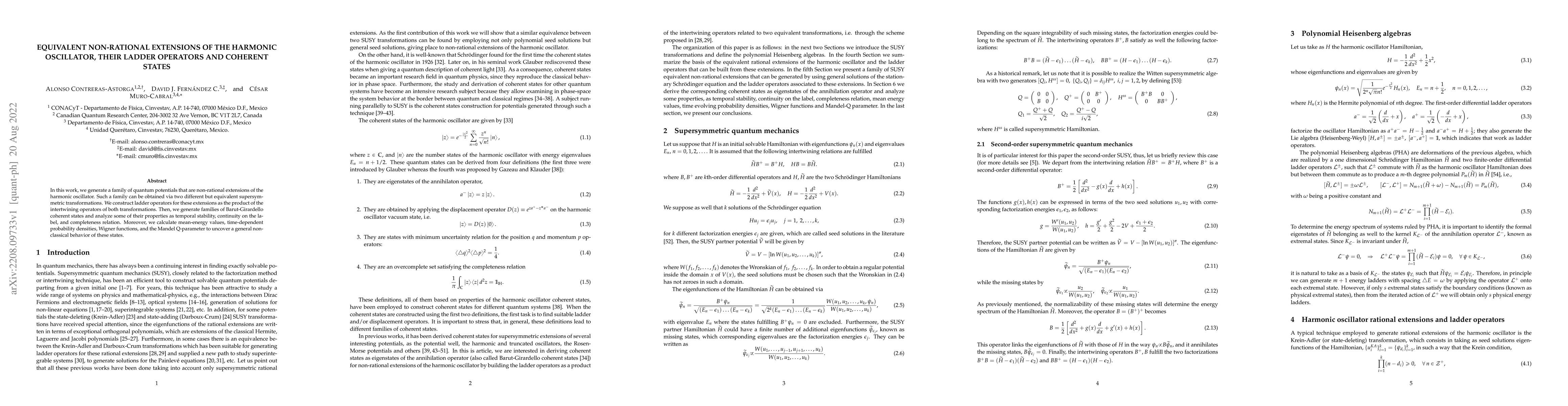 Thumbnail for Equivalent non-rational extensions of the harmonic oscillator, their
  ladder operators and coherent states