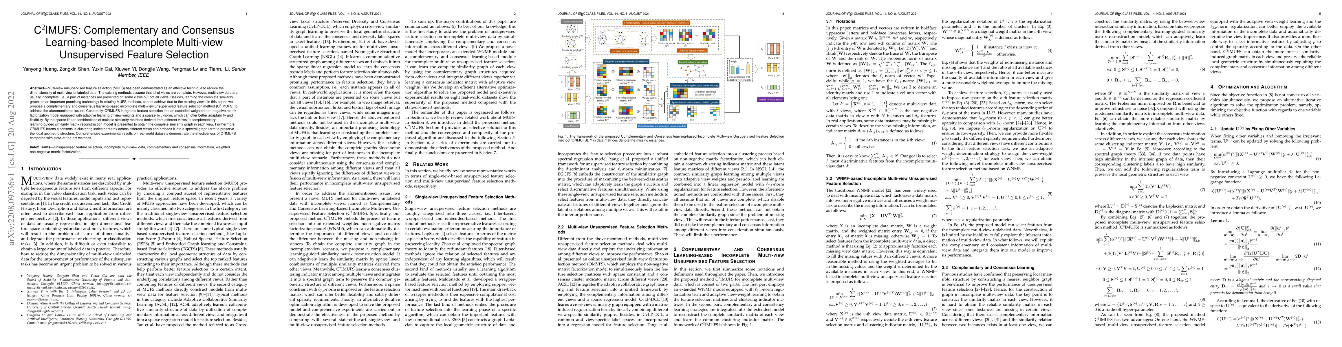 Thumbnail for C$^{2}$IMUFS: Complementary and Consensus Learning-based Incomplete
  Multi-view Unsupervised Feature Selection