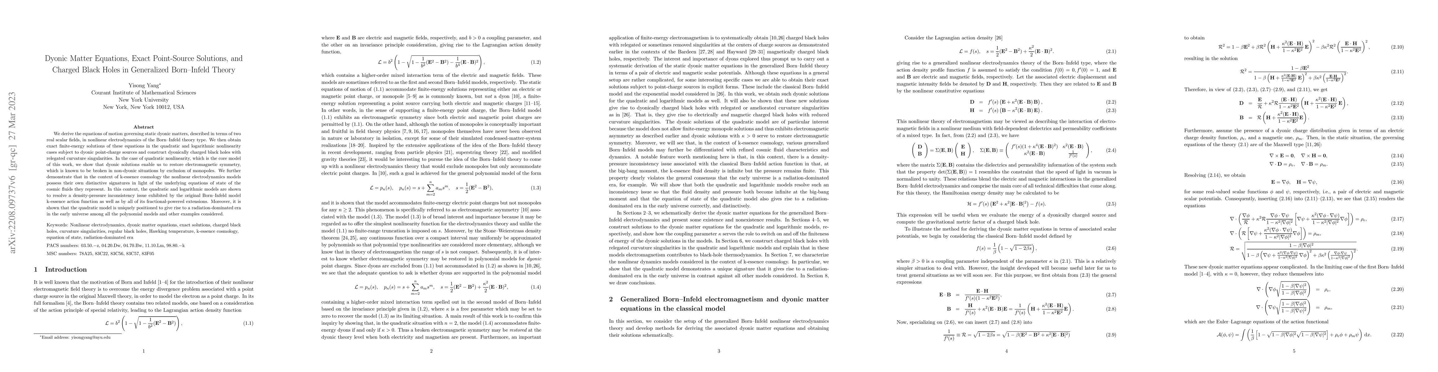 Thumbnail for Dyonic Matter Equations, Exact Point-Source Solutions, and Charged Black
  Holes in Generalized Born--Infeld Theory