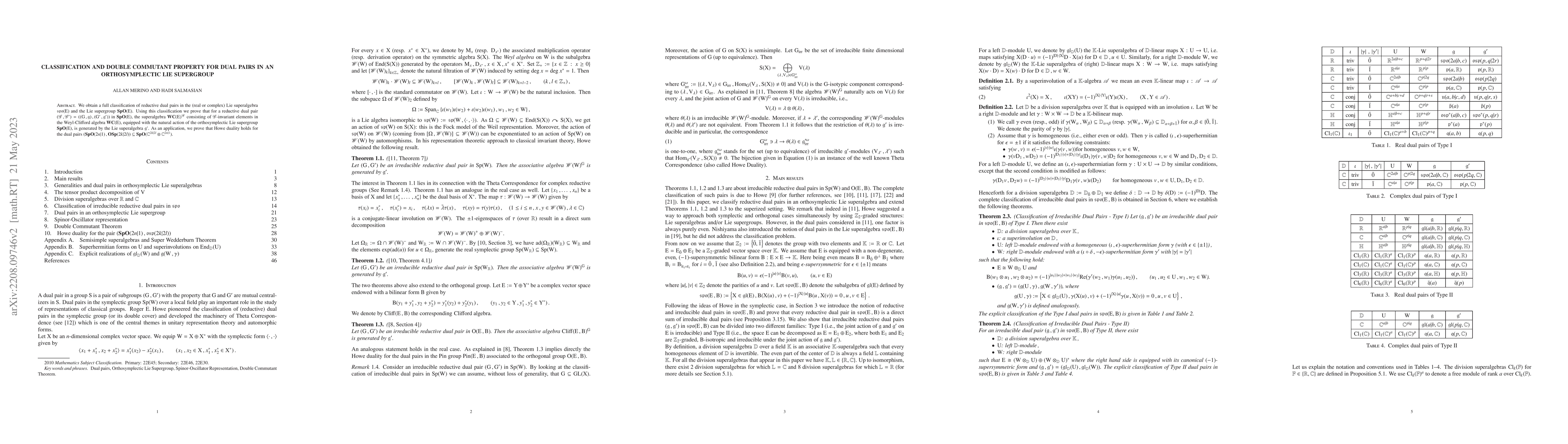 Thumbnail for Classification and double commutant property for dual pairs in an
  orthosymplectic Lie supergroup