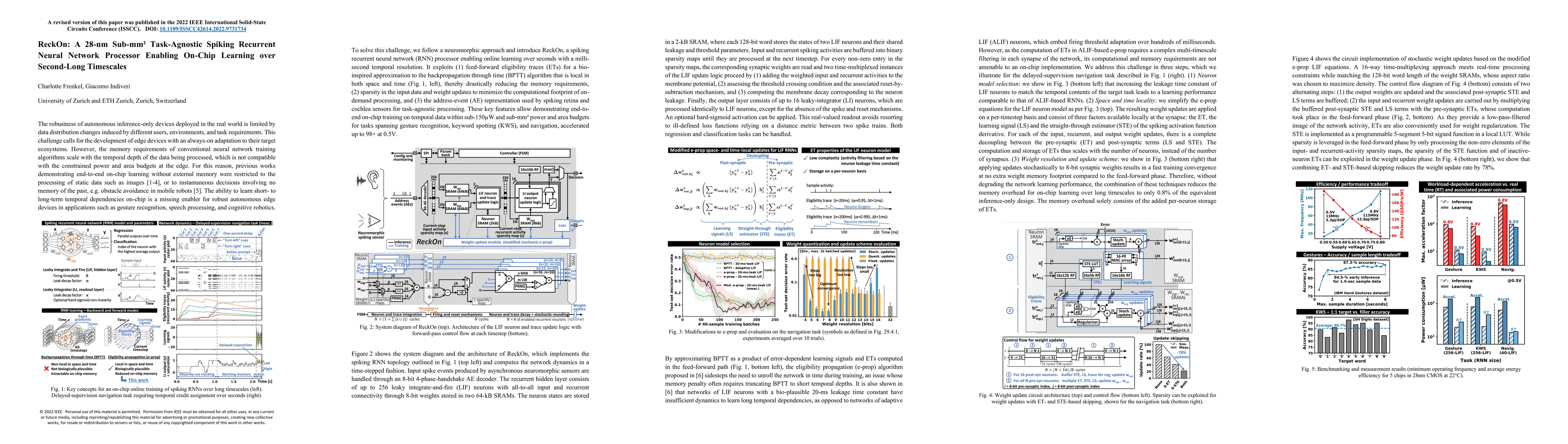Thumbnail for ReckOn: A 28nm Sub-mm2 Task-Agnostic Spiking Recurrent Neural Network
  Processor Enabling On-Chip Learning over Second-Long Timescales