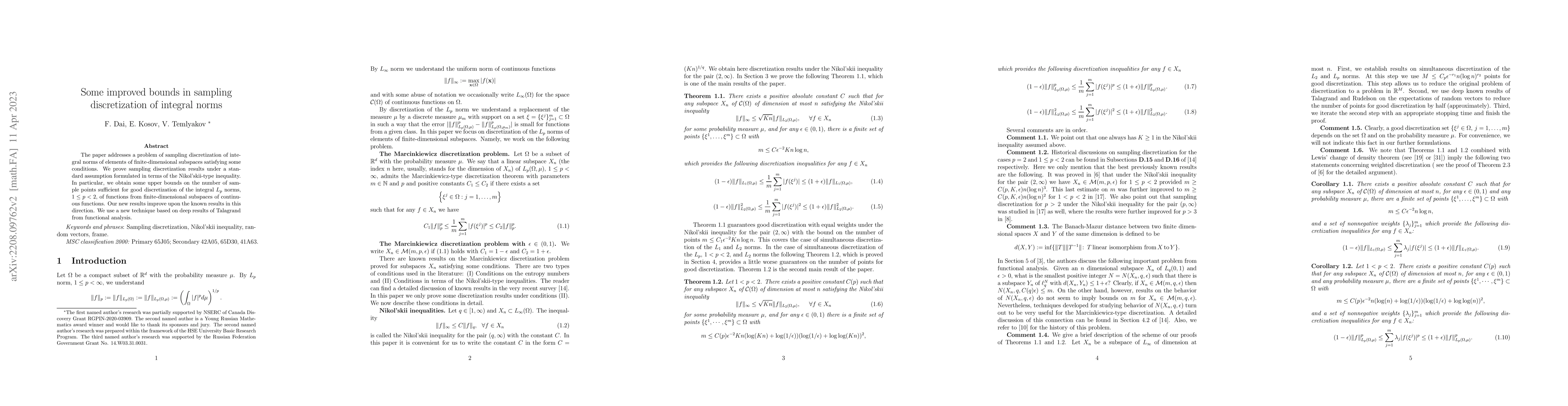 Thumbnail for Some improved bounds in sampling discretization of integral norms
